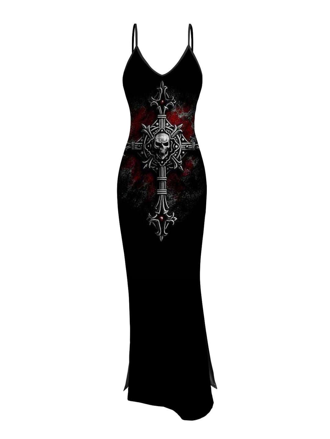 Gothic Sexy Mesh & Cross Skull Print Slim Split Maxi Dress Two-Piece Set