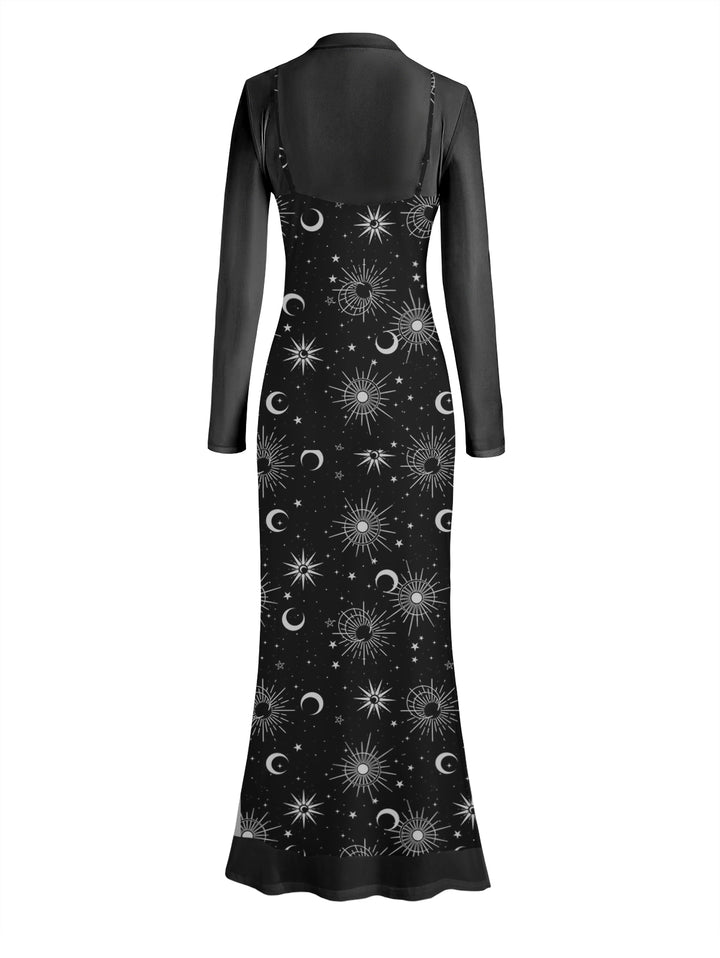 Gothic Sexy Mesh & Galaxy Print Slim Split Maxi Dress Two-Piece Set