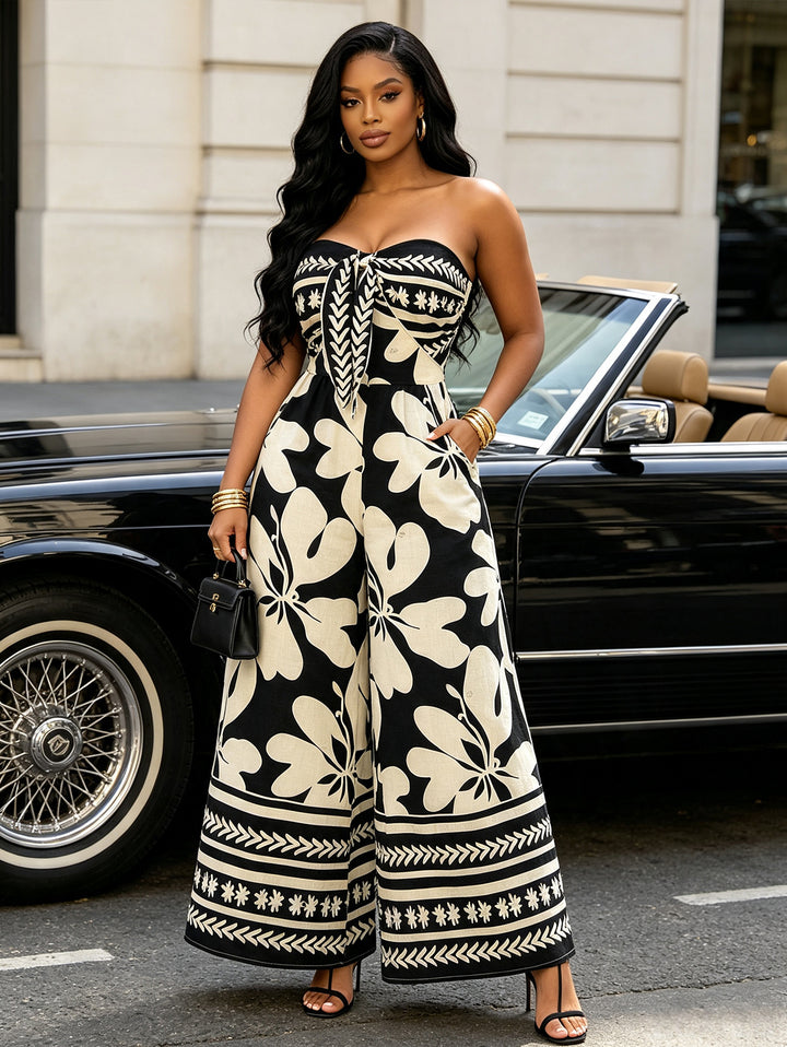 Colorblock Tribal Floral Print Bowknot Off the Shoulder Bohemian Jumpsuit
