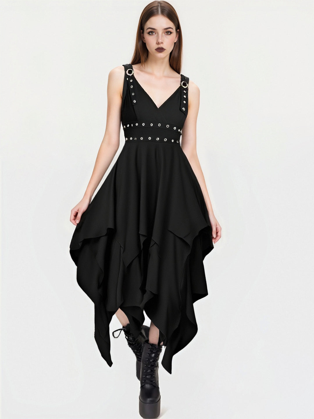 Plain Color Layered Grommet Plunging Neck Empire Waist Adjustable Strap Asymmetrical Midi Dress