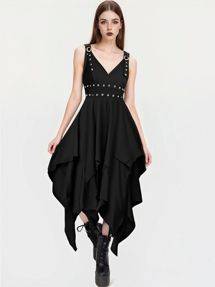 Plain Color Layered Grommet Plunging Neck Empire Waist Adjustable Strap Asymmetrical Midi Dress