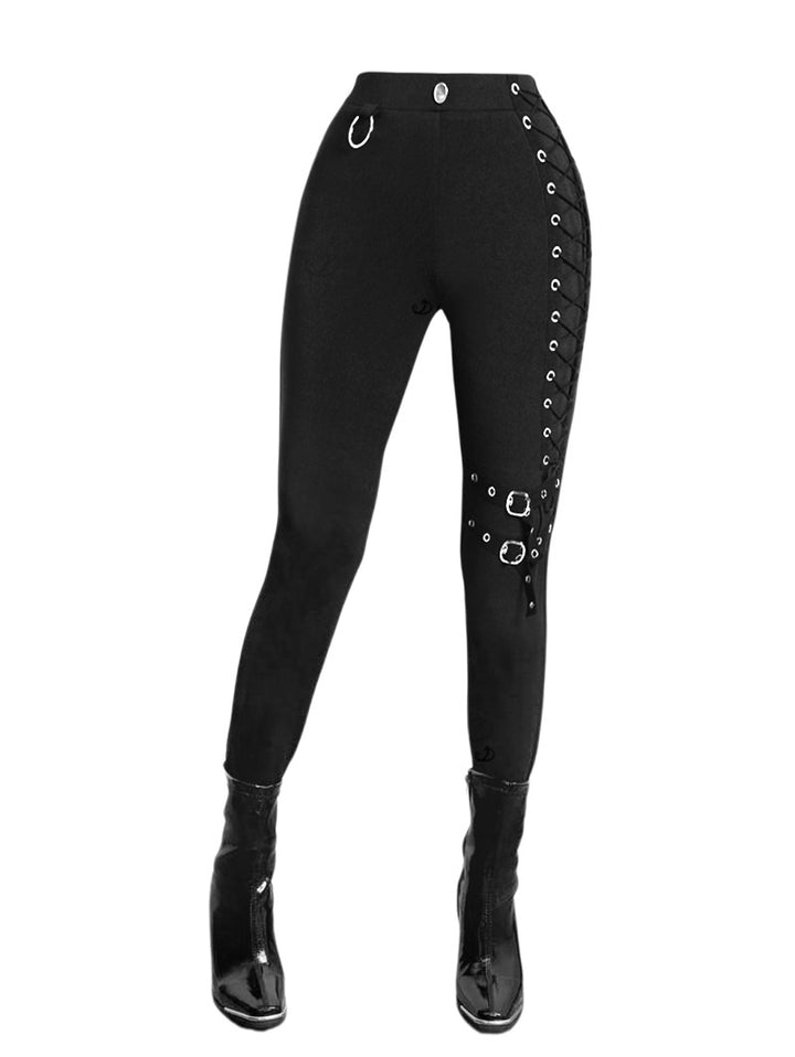 Grommet Buckle Lace Up Pants Elastic Waist Punk Skinny Pants