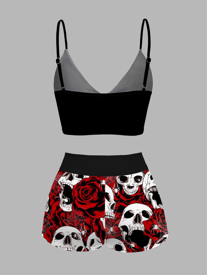 Gothic Punk Skeleton Hand & Rose Print Two Piece Bikini Set