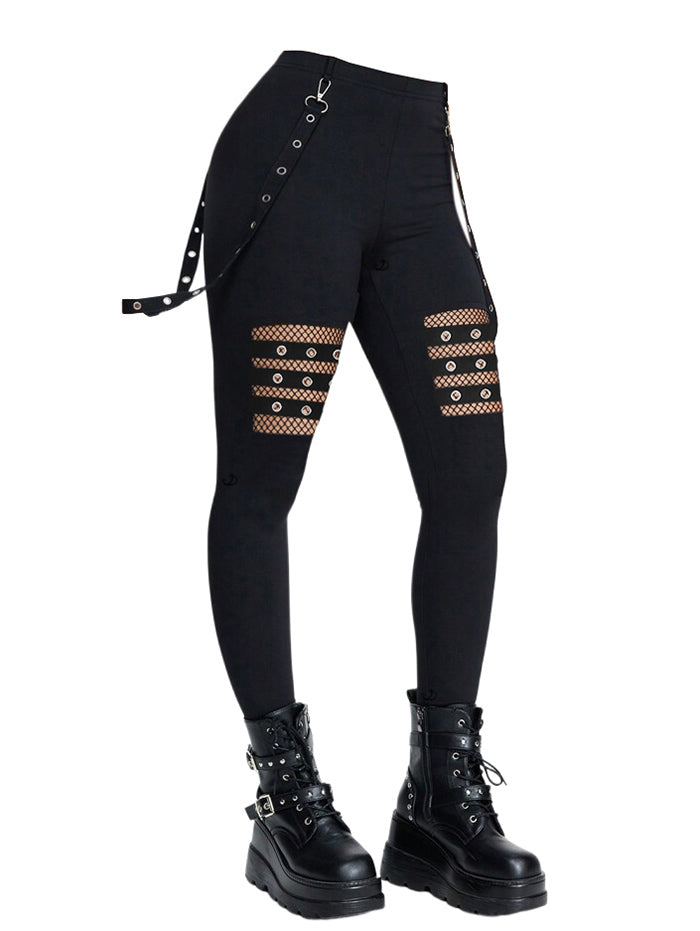 Hollow Out Solid Color Gothic Pants Grommet Chain High Waisted Long Skinny Pants