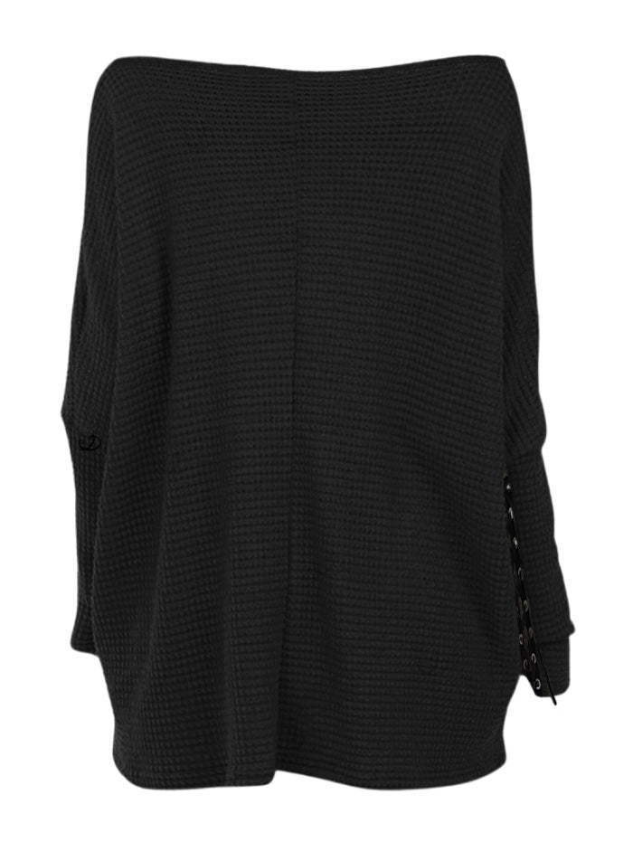 Gothic Solid Color Textured Skew Neck Long Sleeve Top-Black