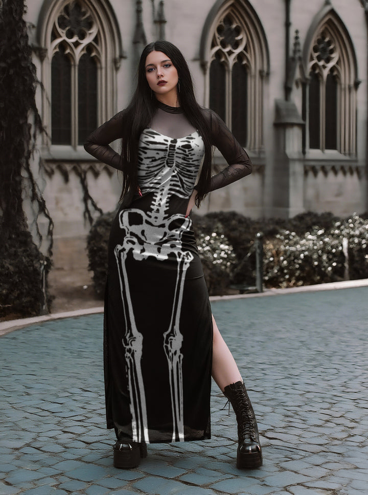 Gothic Sexy Mesh & Skeleton Print Slim Split Maxi Dress Two-Piece Set