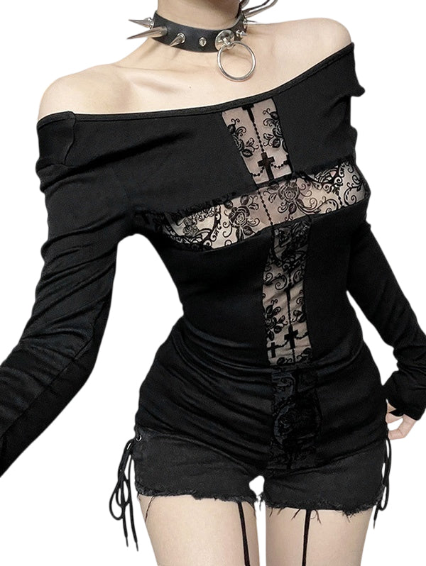 Off-Shoulder Cross Cutout Patchwork Long Sleeve Top