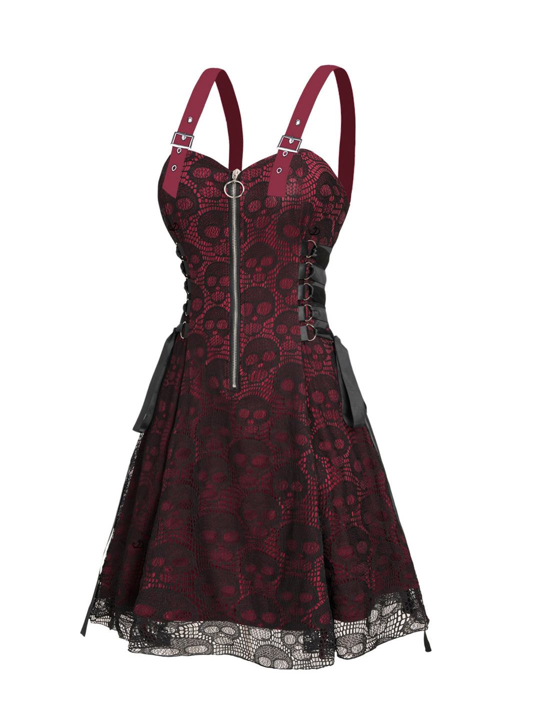 Gothic Rose&Skull Print Lace Half Zipper Buckle Strap A Line Mini Dress
