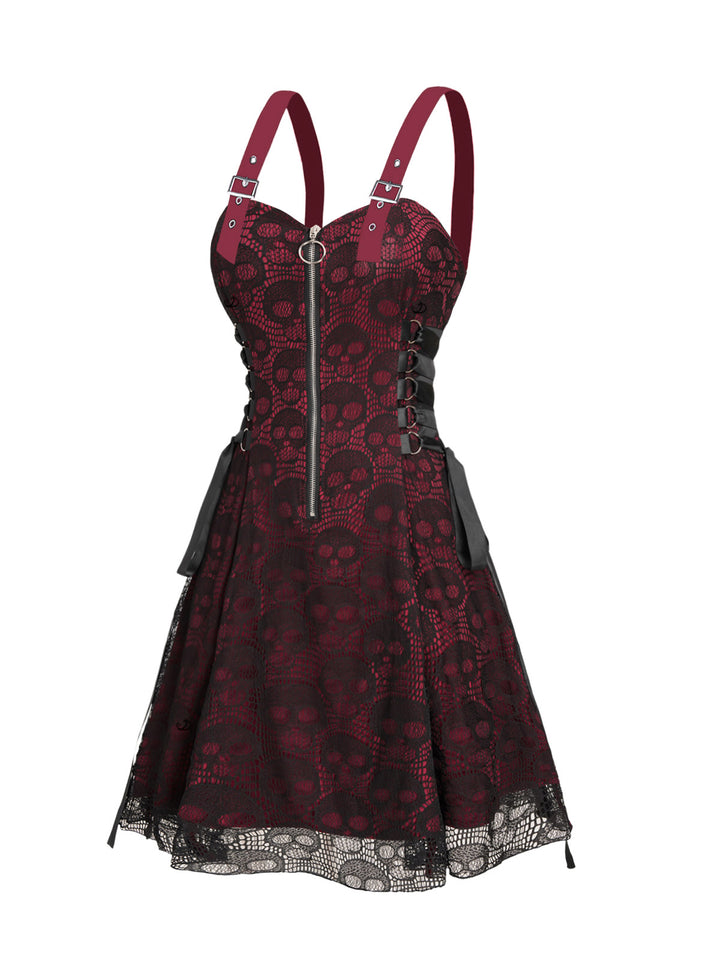 Gothic Rose&Skull Print Lace Half Zipper Buckle Strap A Line Mini Dress