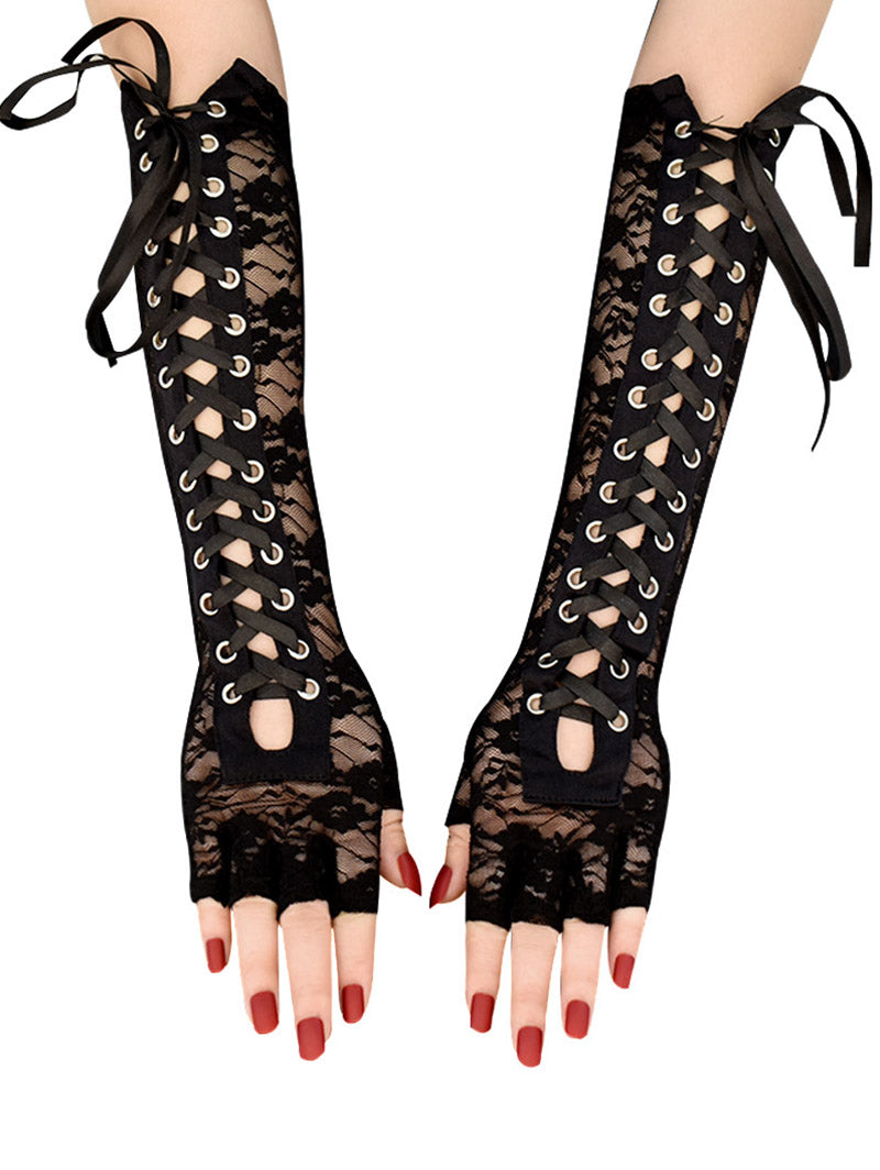 Gothic Lace Up Forearm Gloves Lace Panel Fingerless Gloves