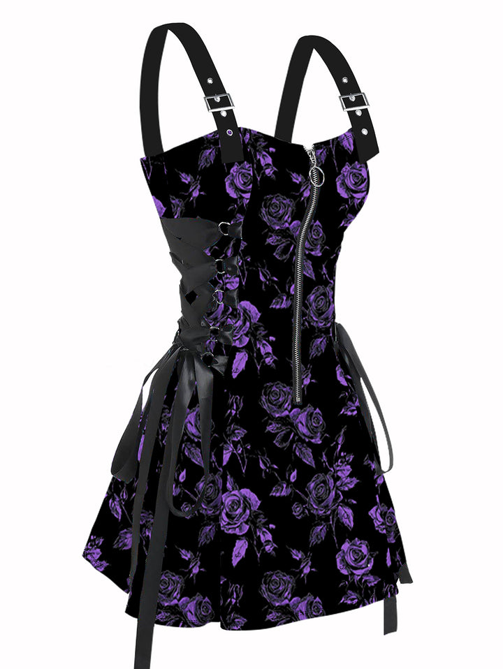 Allover Rose Leaf Pattern Lace Up Gothic A Line Mini Vacation Dress