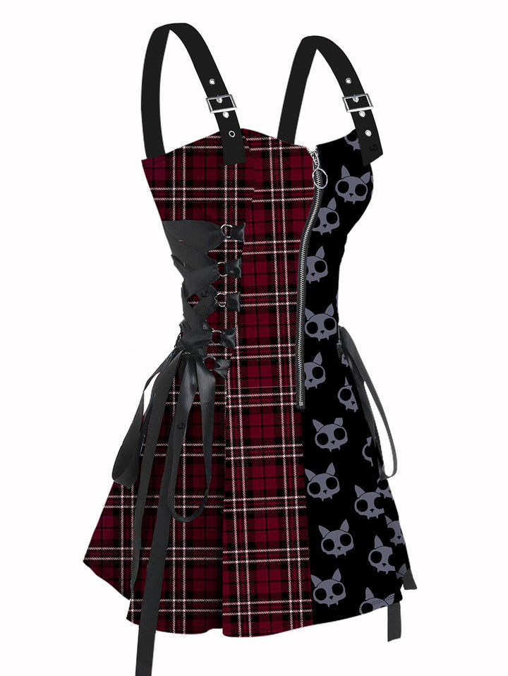 Gothic Plaid & Cat Skulls Print  Dress Lace Up Buckle Strap Mini Dress for Halloween-Red