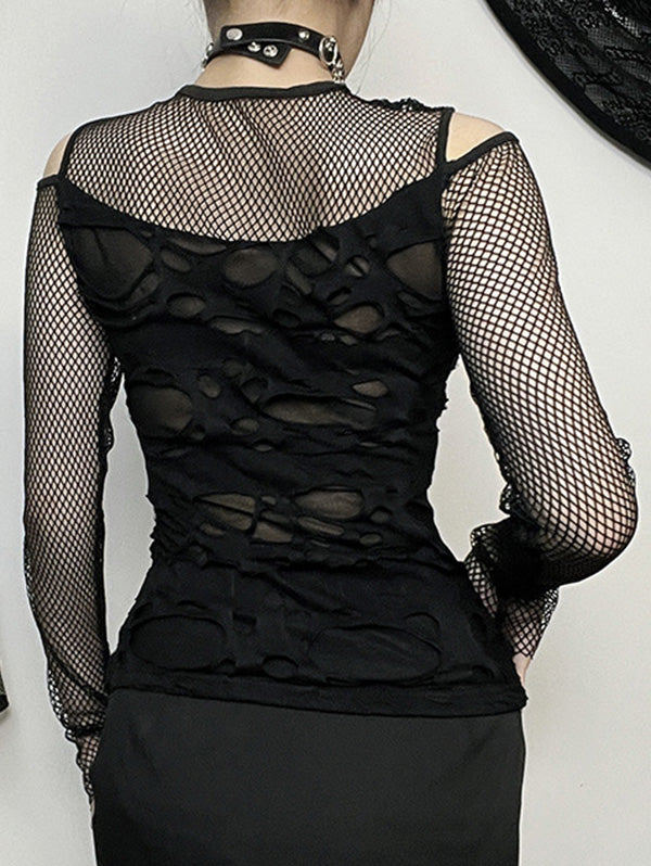 Punk Mesh See-Through Ripped Long Sleeve Blouse
