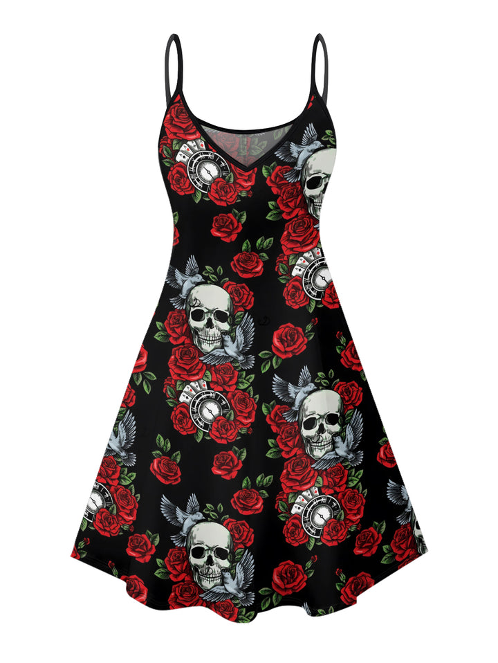 Gothic Rose Leaf Retro Skulls Print Dress Spaghetti Strap Mini Dress