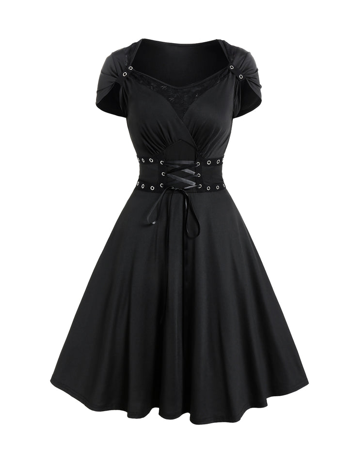 Gothic Grommet Lace Up Lace Panel High Waisted Dress