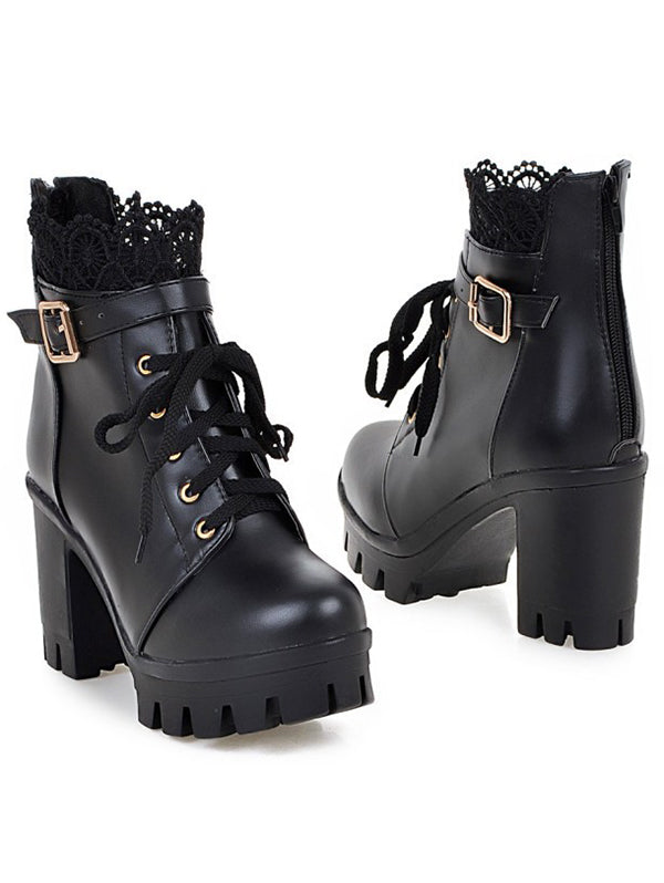 Lace Panel  Buckle Strap Chunky Heel Martin Boots