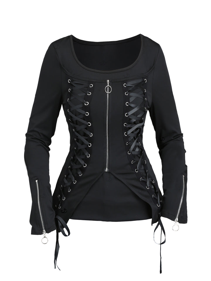 Gothic Top Solid Color Lace Up Zip Square Neck Top