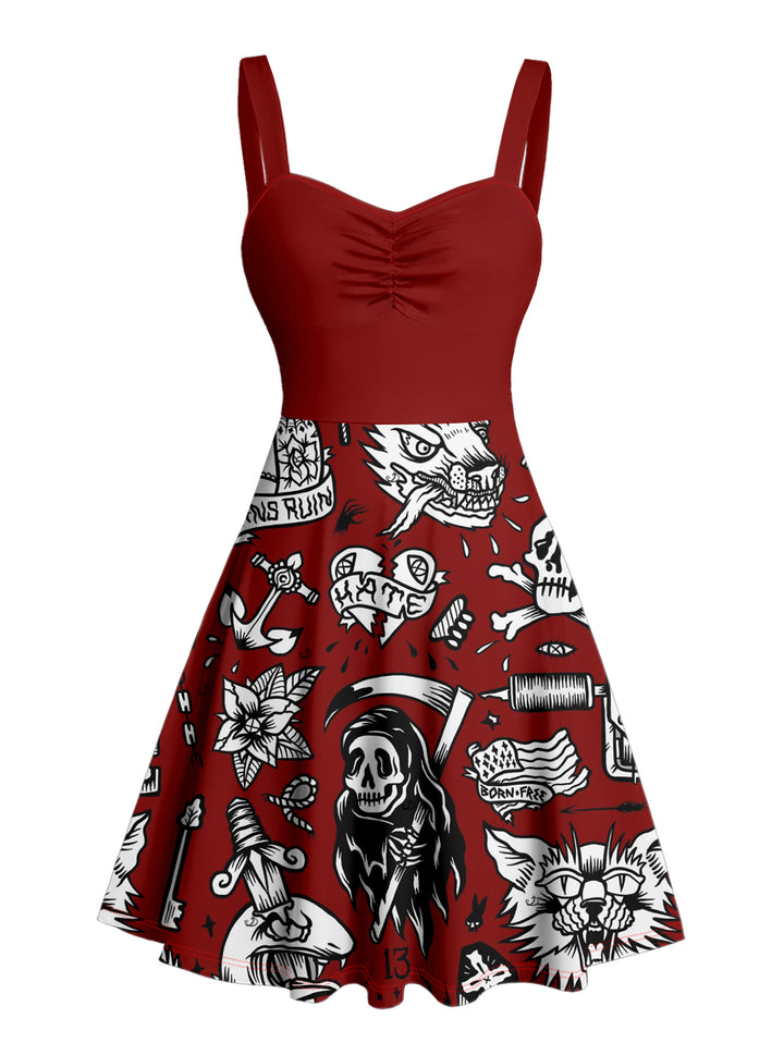 Skulls & Grim Reaper Print Ruched Bust Gothic Mini Dress
