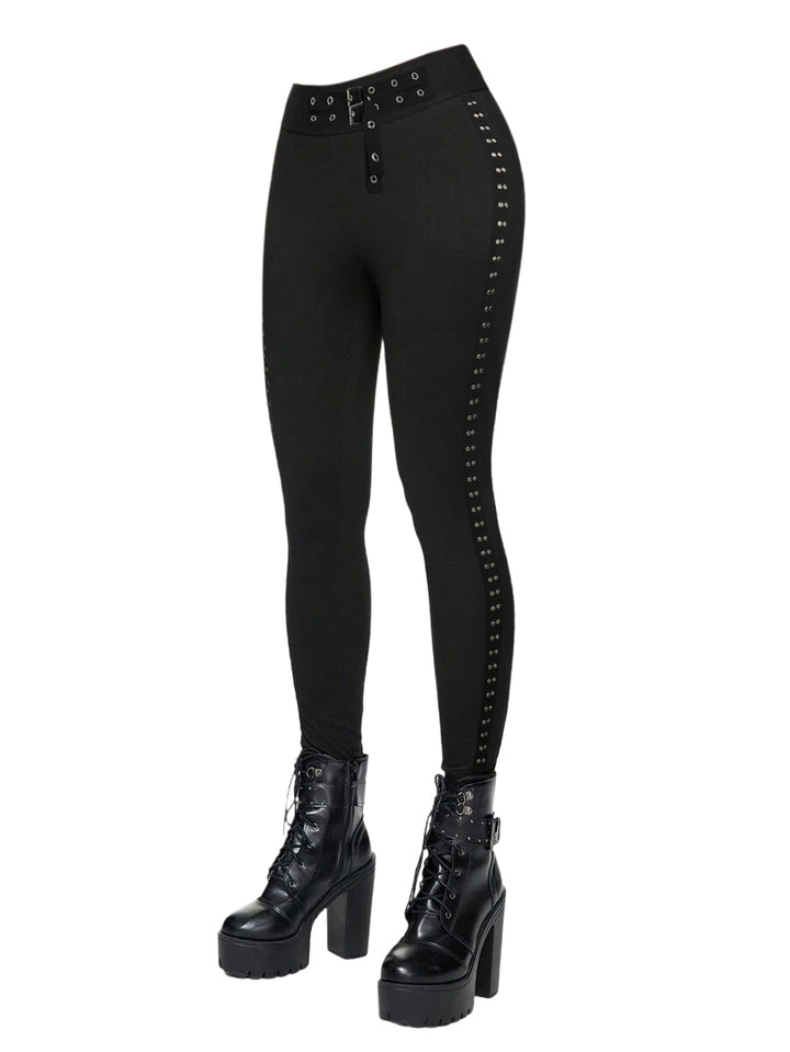 Buckle Grommet Waist Rivet Decor Pencil Pants