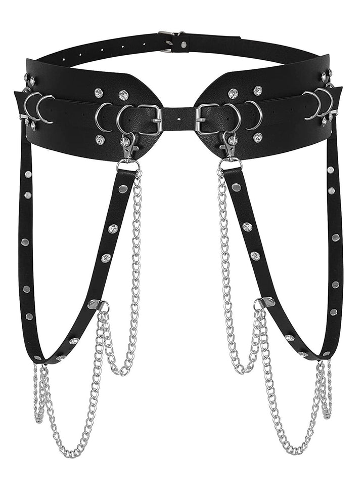Punk Belt Buckle Strap Rhinestone Chain Embellishment PU Belt