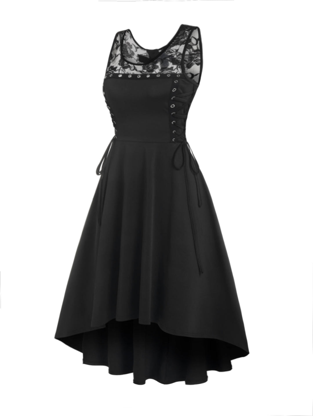 Gothic Lace Up Grommet High Low Bowknot Cutout Midi Dress