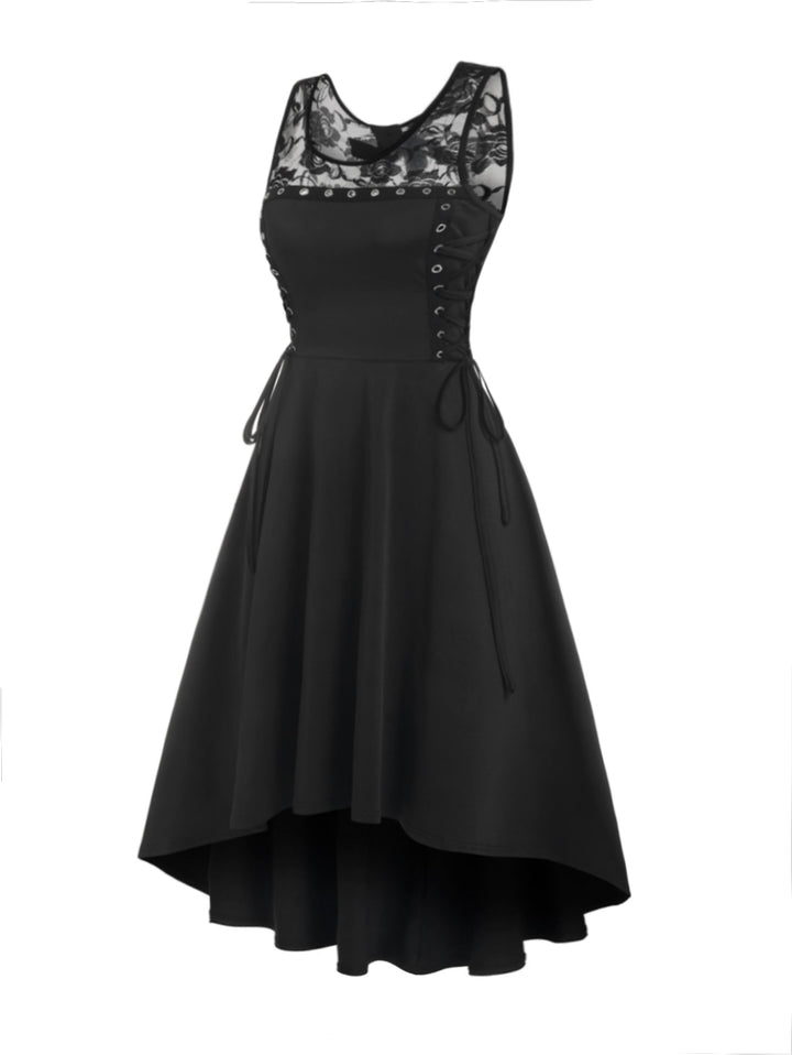Gothic Lace Up Grommet High Low Bowknot Cutout Midi Dress