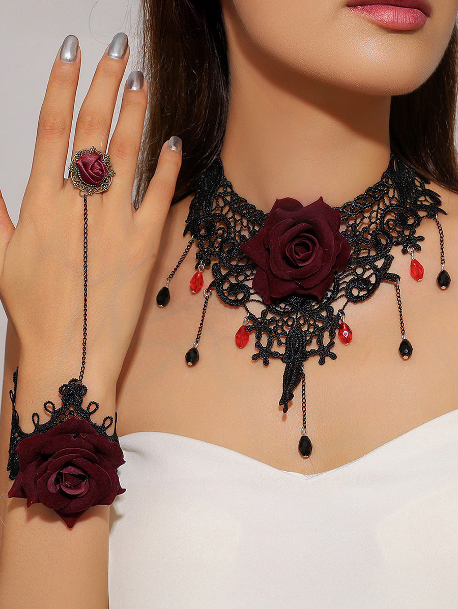 Gothic Rose Choker and Bracelet with Ring Vintage Accessories Set