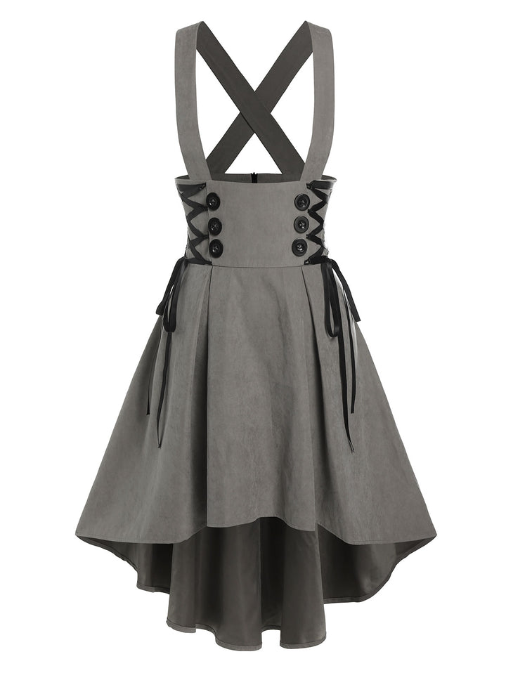 Mock Button Lace-up Suspender High Low Skirt