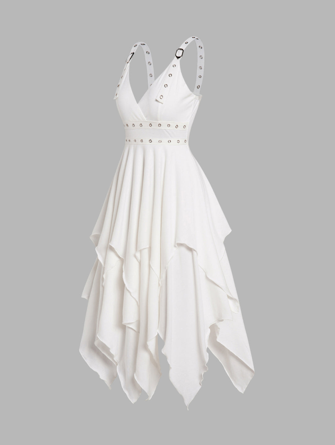 White Layered Grommet Empire Waist Adjustable Strap Asymmetrical Midi Dress