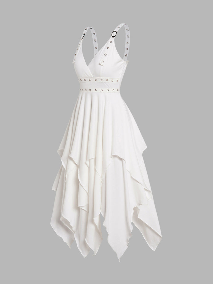 White Layered Grommet Empire Waist Adjustable Strap Asymmetrical Midi Dress