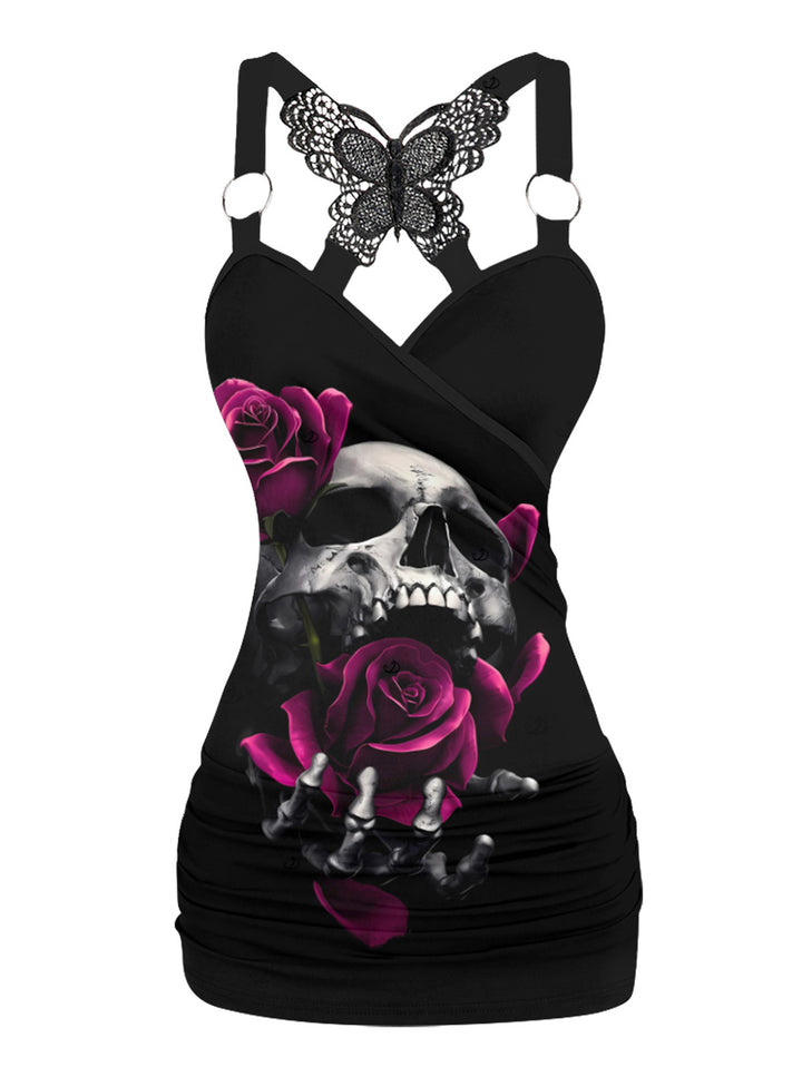 Gothic Butterfly Lace Ruched Surplice Tank Top - Rose& Skulls Pattern