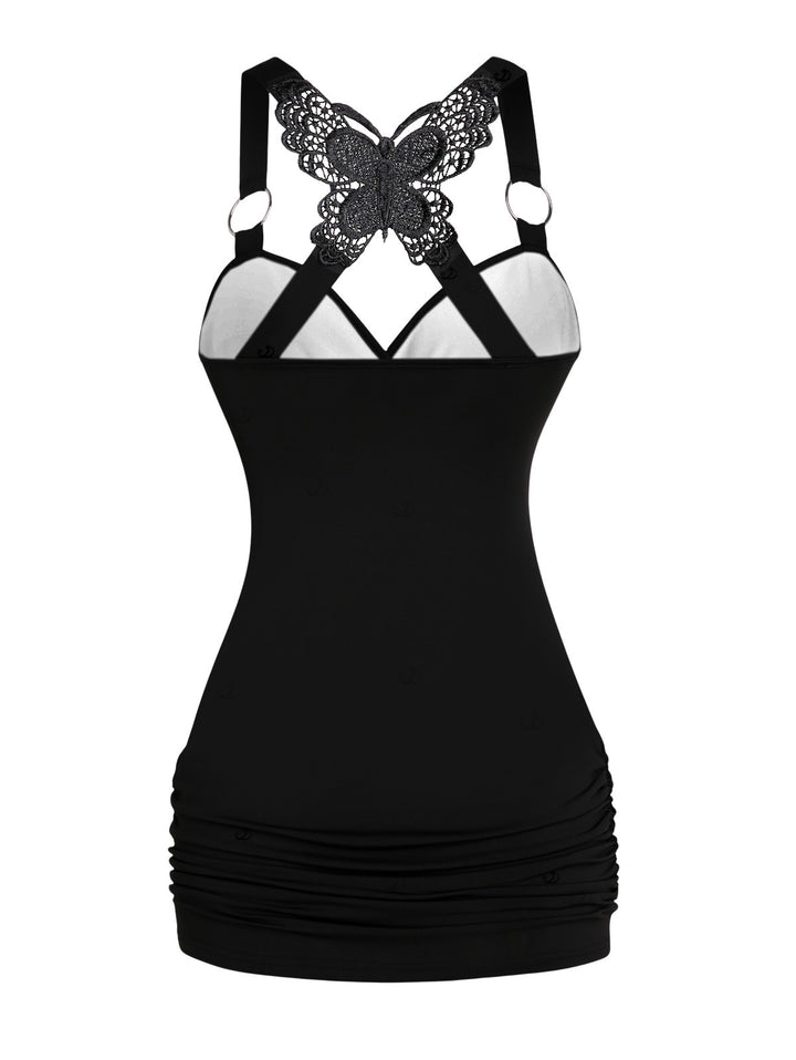 Gothic Butterfly Lace Ruched Surplice Tank Top - Force Death to Delay