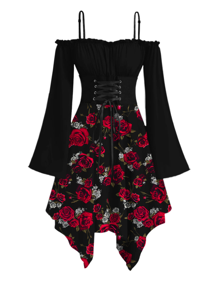 Gothic Rose Print Lace Up Ruffle Off the Shoulder Asymmetrical Hem Midi Dress