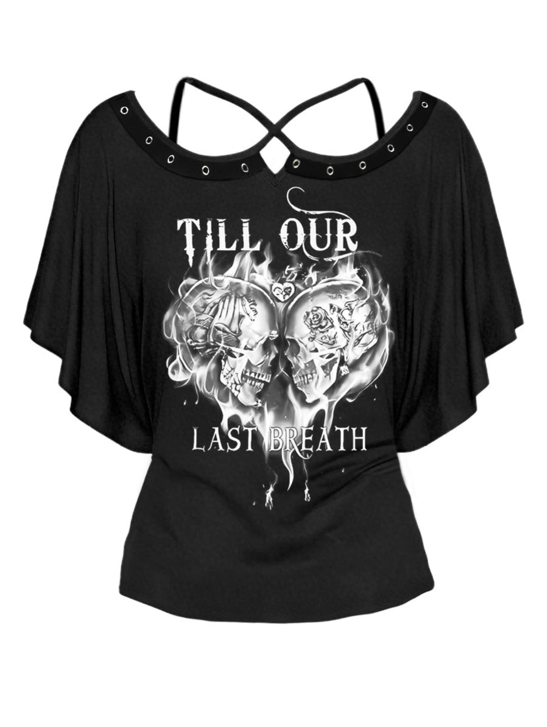 Gothic Rivet-Trimmed Skull Couple Print Cross-Back Bat Sleeve T-Shirt