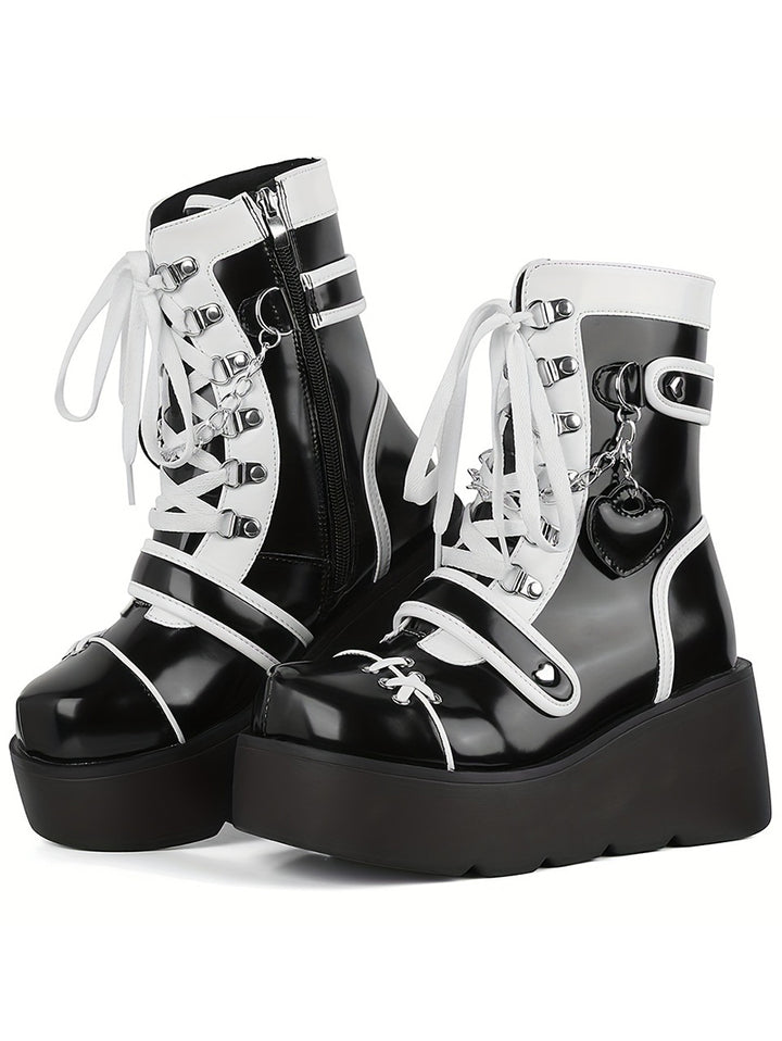 Punk Style Colorblock Heart Chain Embellishment Side Zipper Thick Platform Boots
