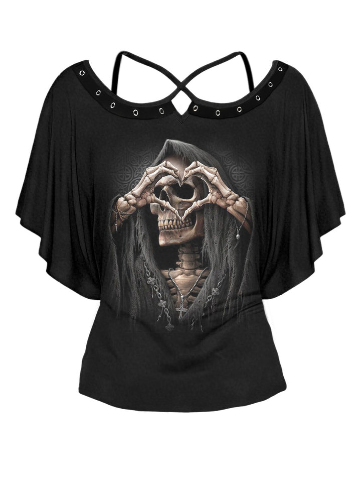 Gothic Rivet-Trimmed Grim & Heart Print Cross-Back Bat Sleeve T-Shirt