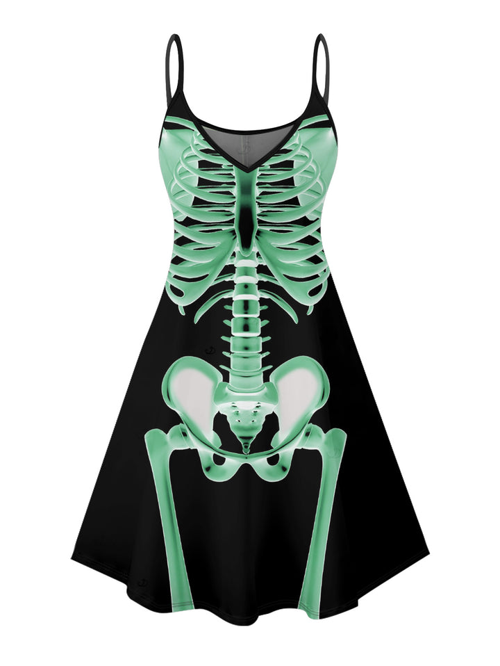 Skeleton Print Gothic Dress for Halloween Spaghetti Strap Mini Dress