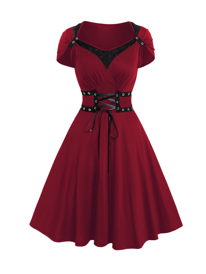 Gothic Grommet Lace Up Lace Panel High Waisted Dress