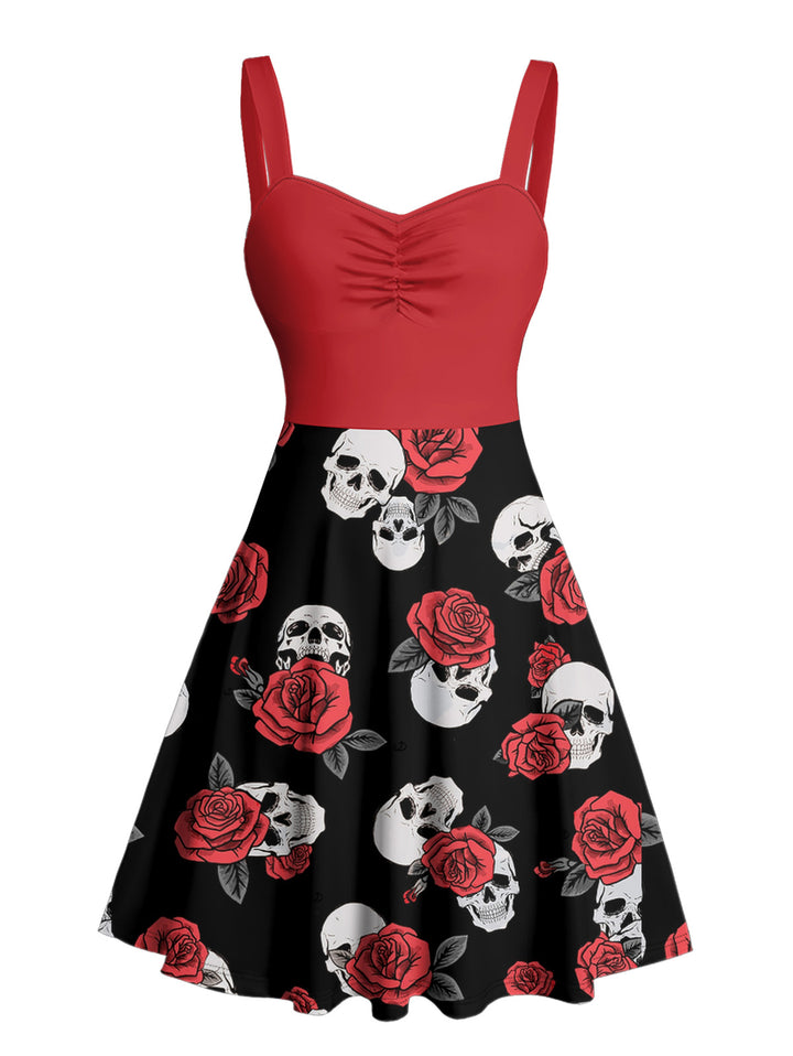Gothic Skulls Print Ruched Bust Sweetheart Neck A Line Mini Dress