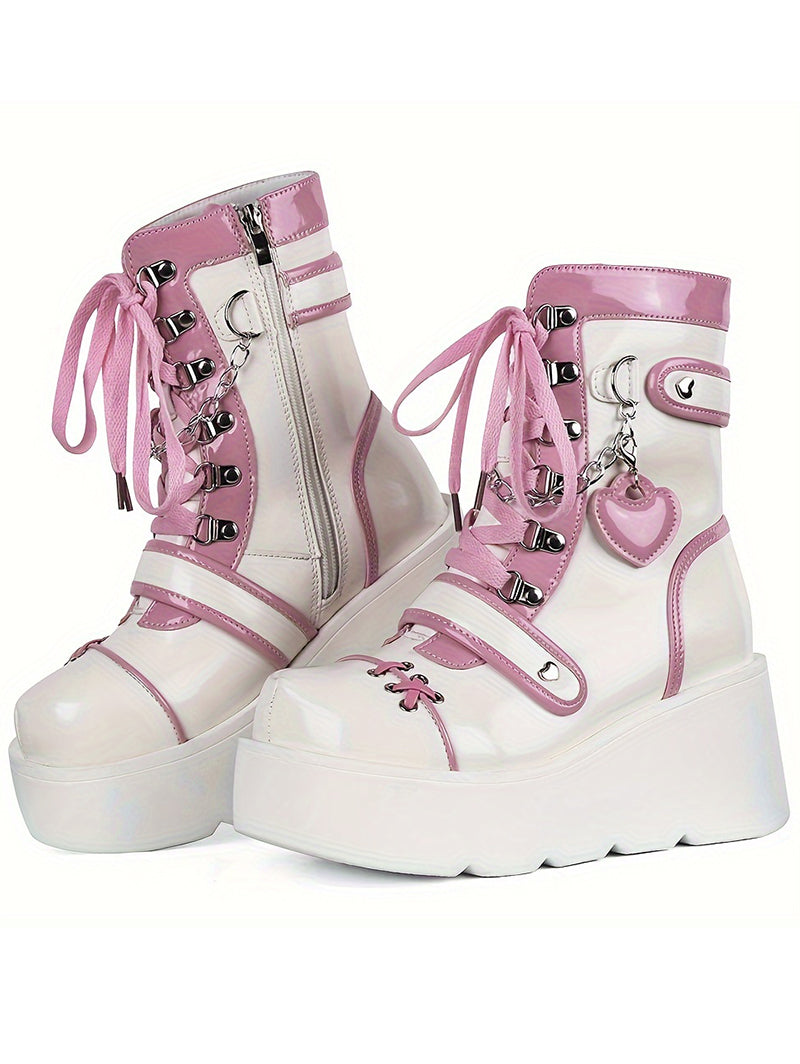Punk Style Colorblock Heart Chain Embellishment Side Zipper Thick Platform Boots