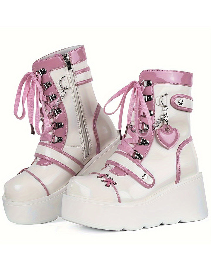 Punk Style Colorblock Heart Chain Embellishment Side Zipper Thick Platform Boots