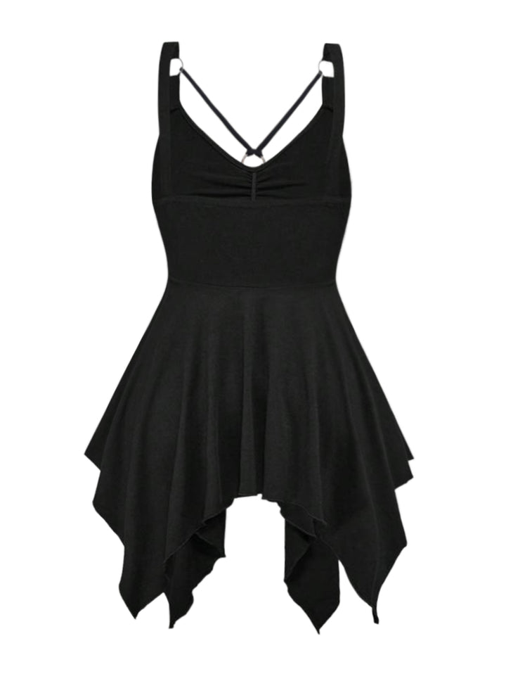 Gothic Solid Color Ruched Grommet Corss Chain Handkerchief Tank Top