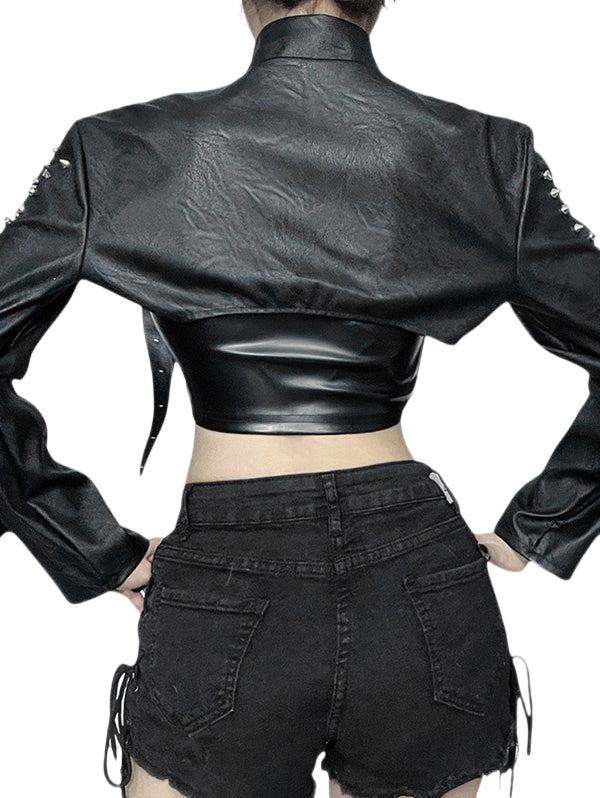 Punk Style Sexy Studded PU Long Sleeve Grommet Cover Top