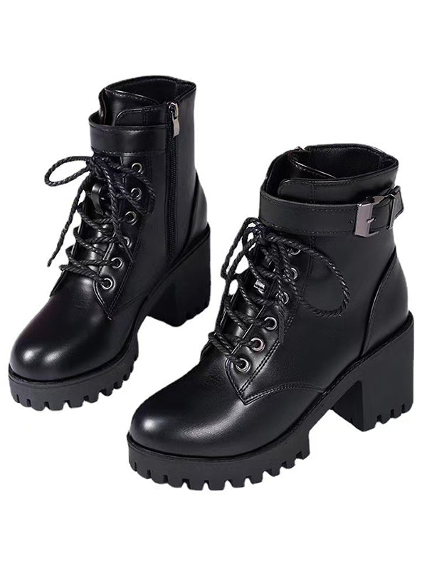 Lace Up Side Zipper Solid Color Boots Chunky Heel Buckle Strap Martin Boots