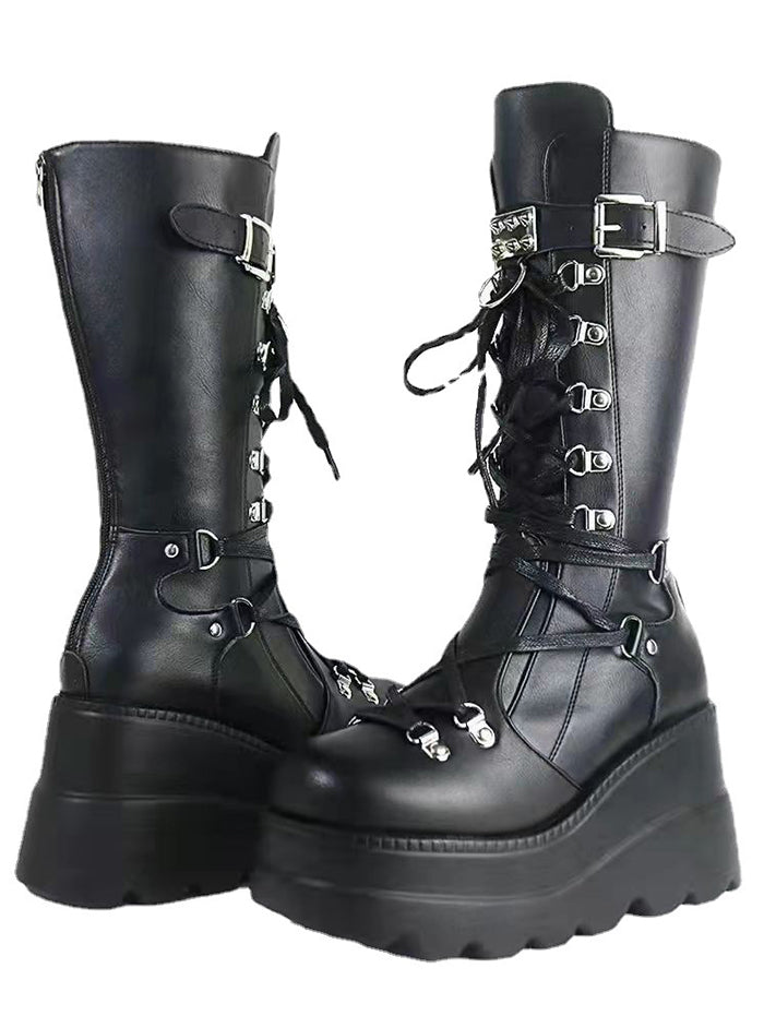 Punk Style Black Lace Up Rivet Martin Boots-Buckle Strap& Back Zipper &Thick Platform