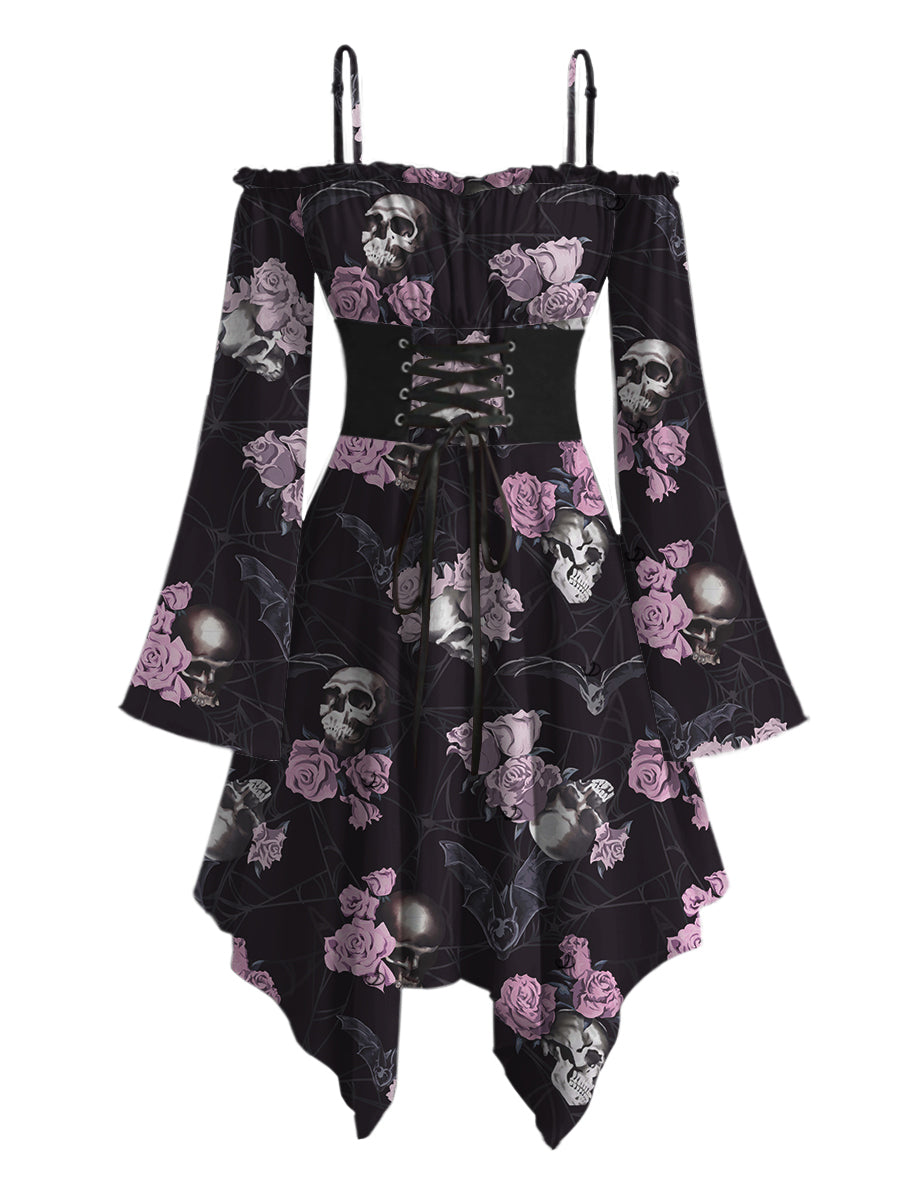 Gothic Pink Rose Skulls Lace Up Ruffle Off the Shoulder Asymmetrical Hem Midi Dress