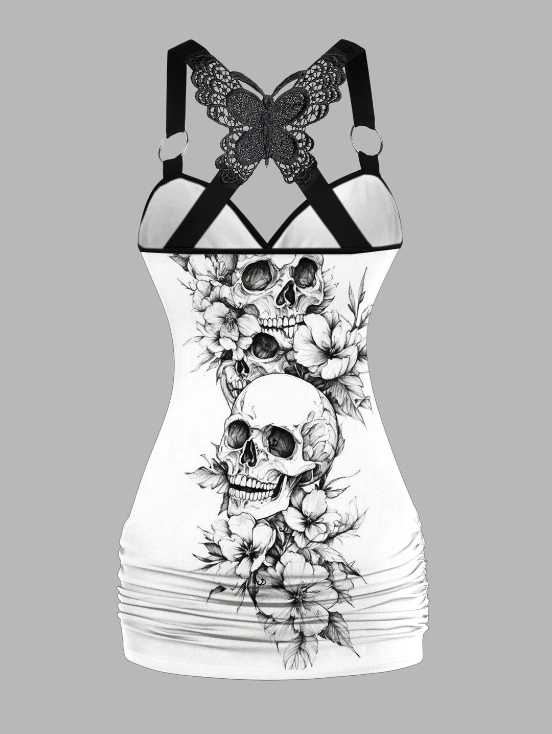 Gothic Butterfly Lace Ruched Surplice Tank Top - Skull & Flower Pattern