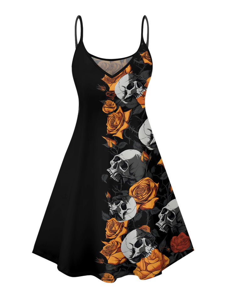 Gothic Skulls Orange Rose Pattern V Neck A Line Mini Dress