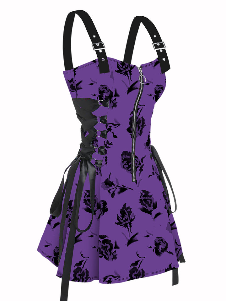 Gothic Flower Leaf Print Lace Up Half Zipper  Buckle Strap A Line Mini Dress