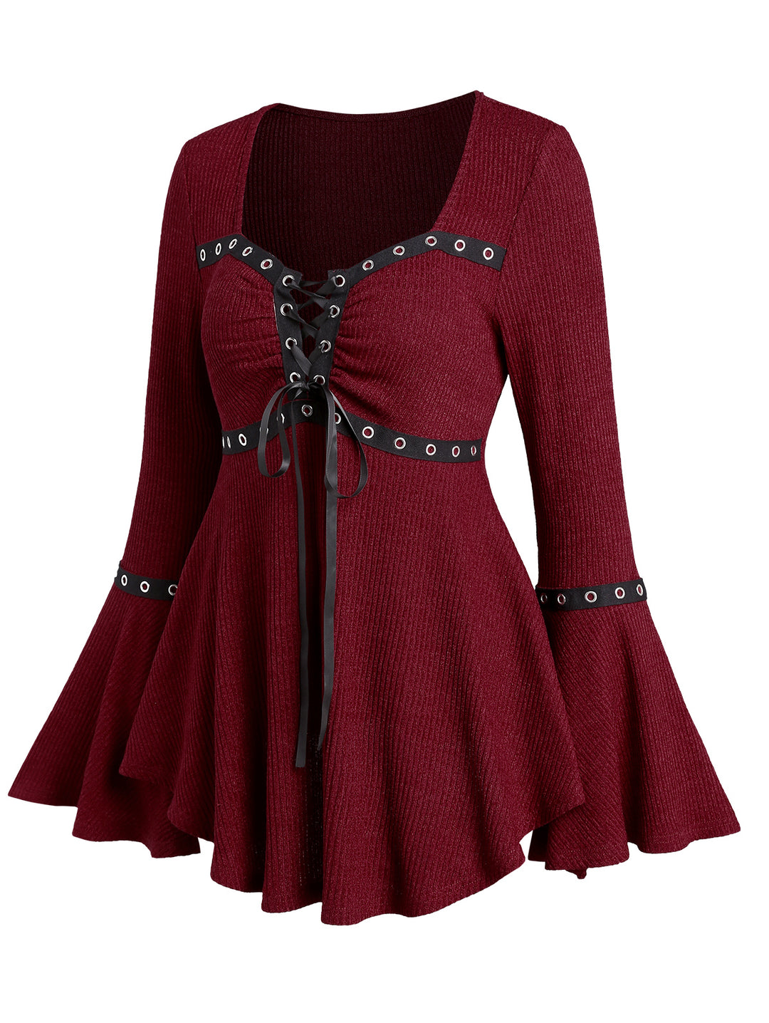 Gothic Lace Up Flare Sleeve Grommet Design Casual Top
